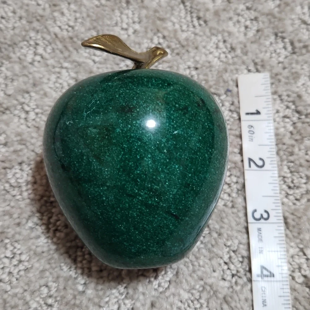 Green Marble Apple Sculpture Paperweight with Golden Brass Leaf